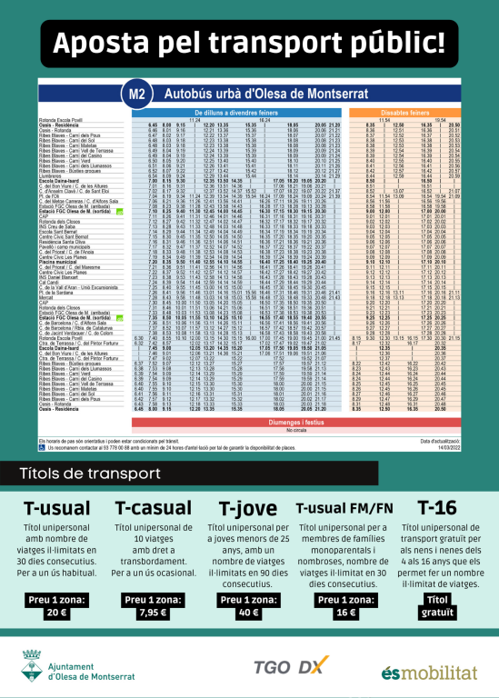 Cartell dels horaris de les parades del Bus urbà M2