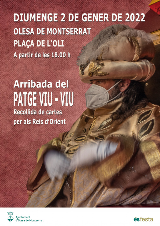 Cartell amb la imatge d'un rei d'Orient amb la informació de l'arribada del patge viu-viu