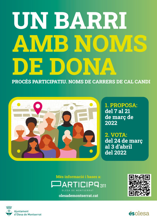 Cartell de carrer amb l'eslogan un barri amb noms de dona. Dates de proposta i de votació