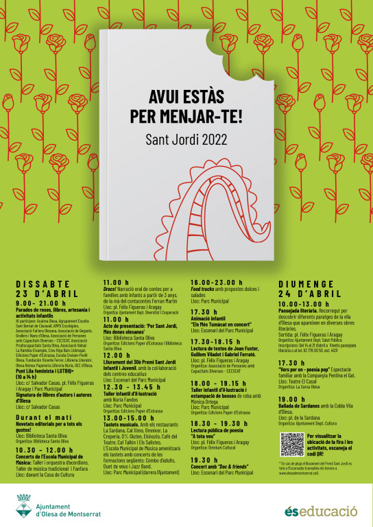 Cartell verd de fons amb roses dibuixades de sant jordi amb totes les activitats de cap de setmana