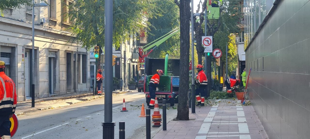 Operaris amb maquinaria al carrer Anselm clave fent la poda dels arbres