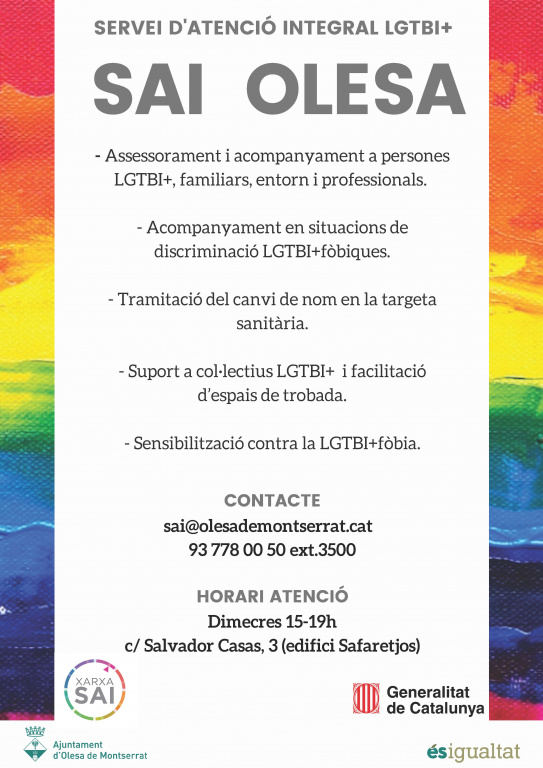 Cartell Servei d'atenció integral LGTBI+ amb informació de tràmits i dades de contacte i atenció