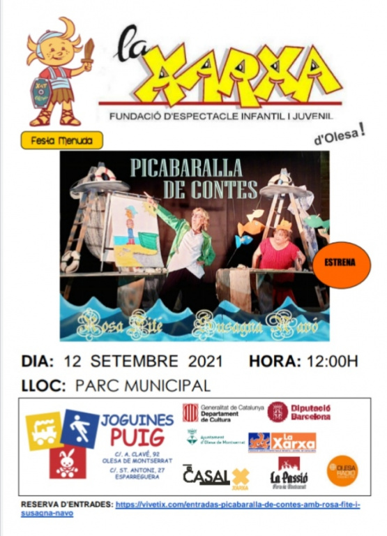 Cartell amb publicitat de comerços de l'espectable organitzat per la Xarxa "Picabaralla de contes"