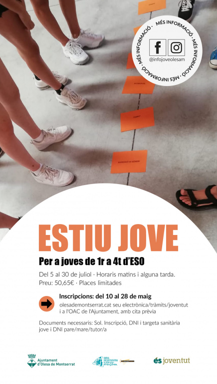 cartell a la imatge d'uns peus de joves amb sabates amb informació per a la inscripció a l'estiu jove