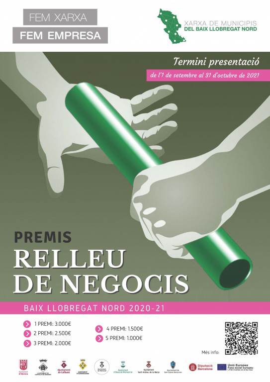 Cartell amb informació dels premis relleu de negocis amb dues mans dibuixades agafant un tub